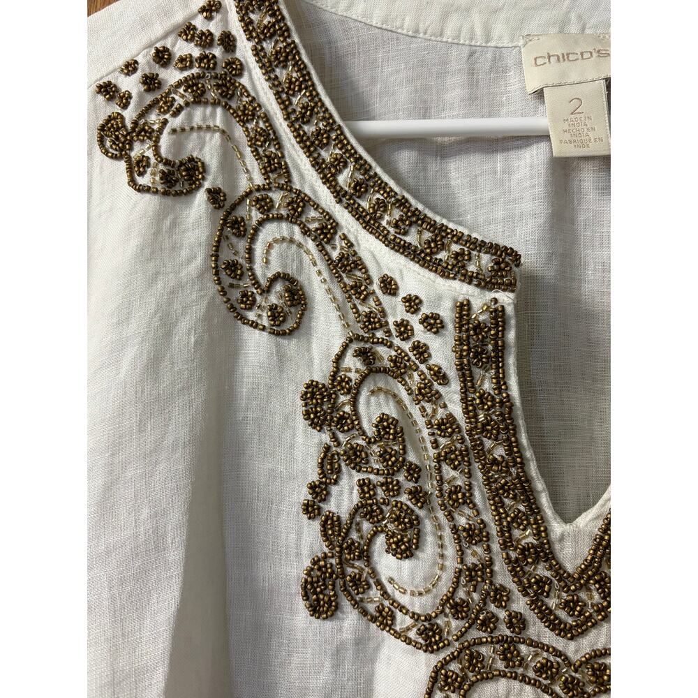 Chico's Cream Linen Top with Beaded V-Neckline size 12 - Picture 9 of 11